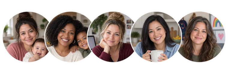Five fictional AI-generated portraits representing mothers in the AI Mompreneur community